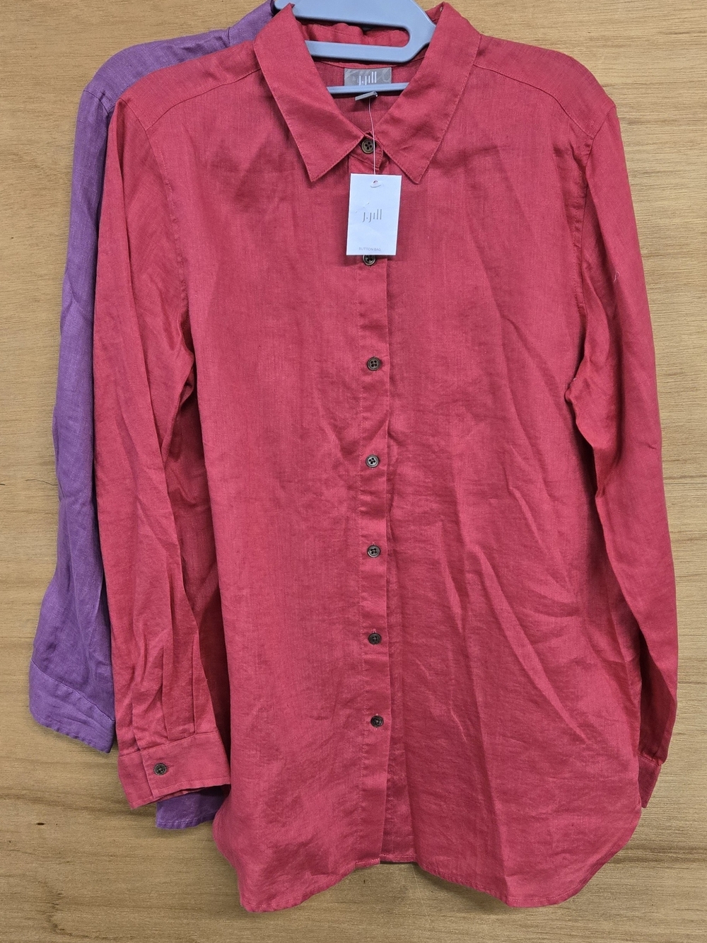 (2) 100% Linen Long-Sleeve Shirts. Coral And Purple. J. Jill